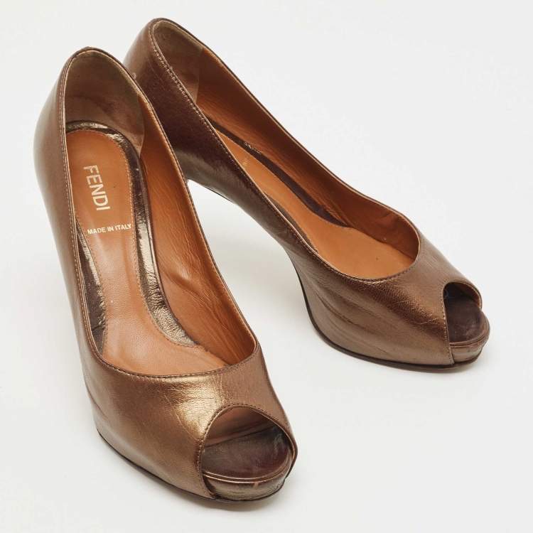 Pre Owned Fendi Metallic Brown Leather Zucca Heel Peep Toe Pumps Size 36