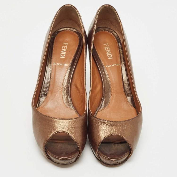 Pre Owned Fendi Metallic Brown Leather Zucca Heel Peep Toe Pumps Size 36
