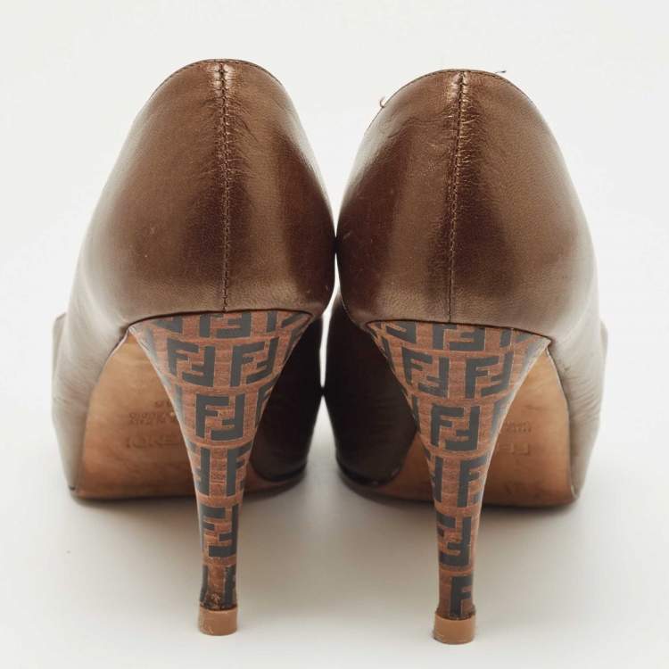 Pre Owned Fendi Metallic Brown Leather Zucca Heel Peep Toe Pumps Size 36