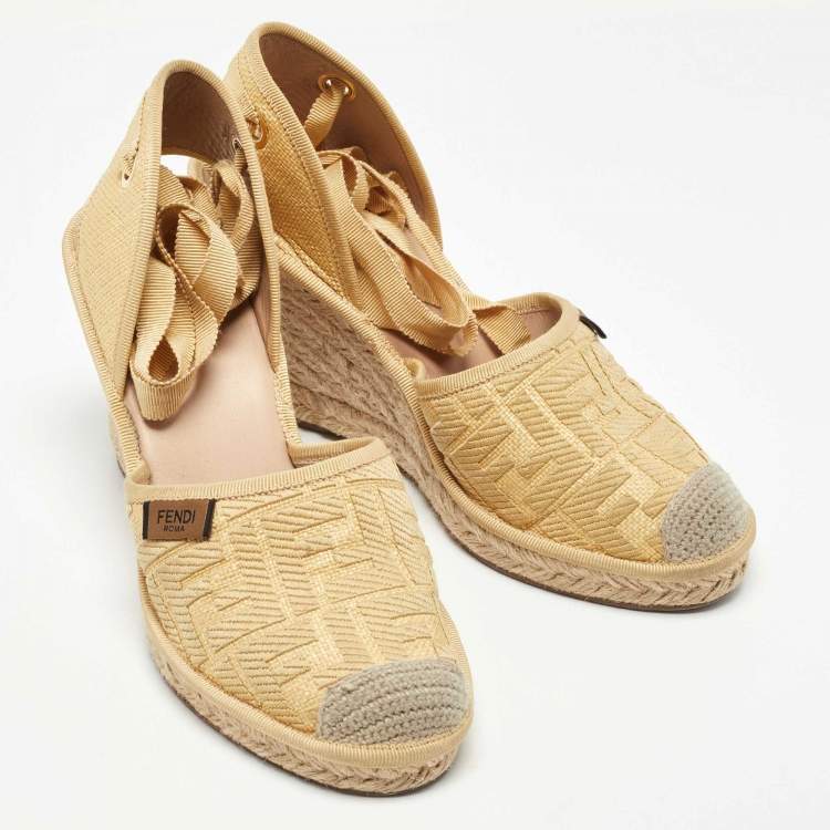 Pre Owned Fendi Beige Zucca Canvas Espadrille Ankle Wrap Wedge Sandals Size 38
