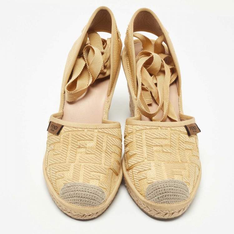 Pre Owned Fendi Beige Zucca Canvas Espadrille Ankle Wrap Wedge Sandals Size 38