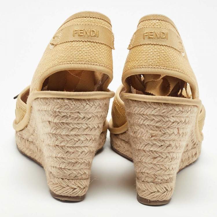 Pre Owned Fendi Beige Zucca Canvas Espadrille Ankle Wrap Wedge Sandals Size 38
