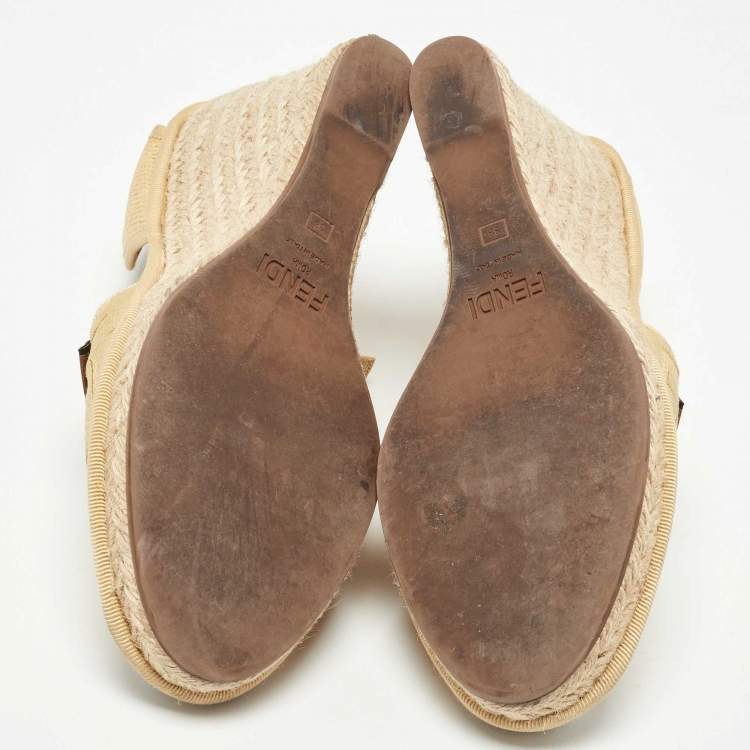 Pre Owned Fendi Beige Zucca Canvas Espadrille Ankle Wrap Wedge Sandals Size 38