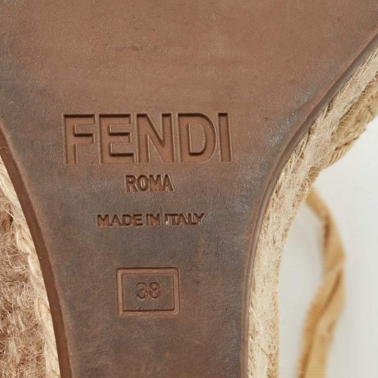 Pre Owned Fendi Beige Zucca Canvas Espadrille Ankle Wrap Wedge Sandals Size 38