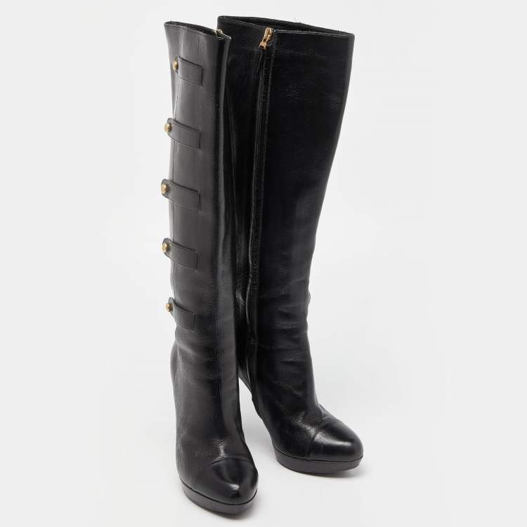Pre Owned Fendi Black Leather Knee Length Boots Size 37