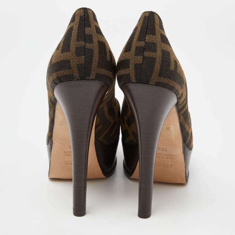 Pre Owned Fendi Brown Tobacco Zucca Canvas Fendista Platform Pumps Size 36.5