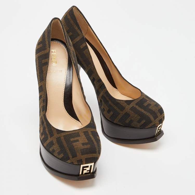 Pre Owned Fendi Brown Tobacco Zucca Canvas Fendista Platform Pumps Size 36.5