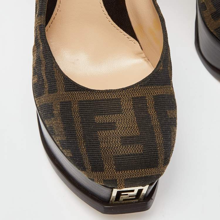 Pre Owned Fendi Brown Tobacco Zucca Canvas Fendista Platform Pumps Size 36.5