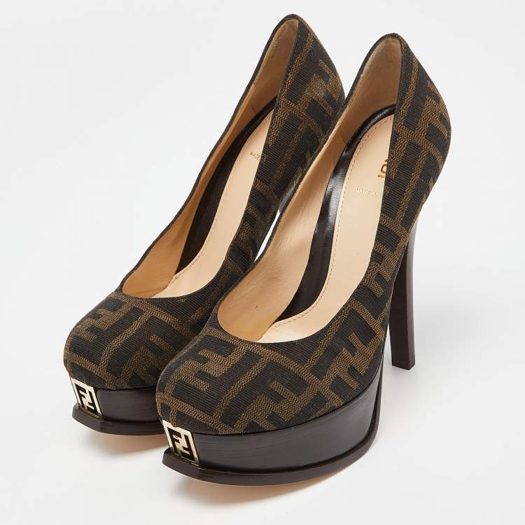 Pre Owned Fendi Brown Tobacco Zucca Canvas Fendista Platform Pumps Size 36.5