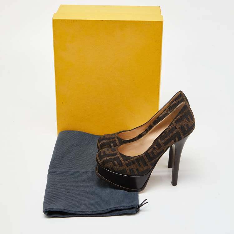 Pre Owned Fendi Brown Tobacco Zucca Canvas Fendista Platform Pumps Size 36.5