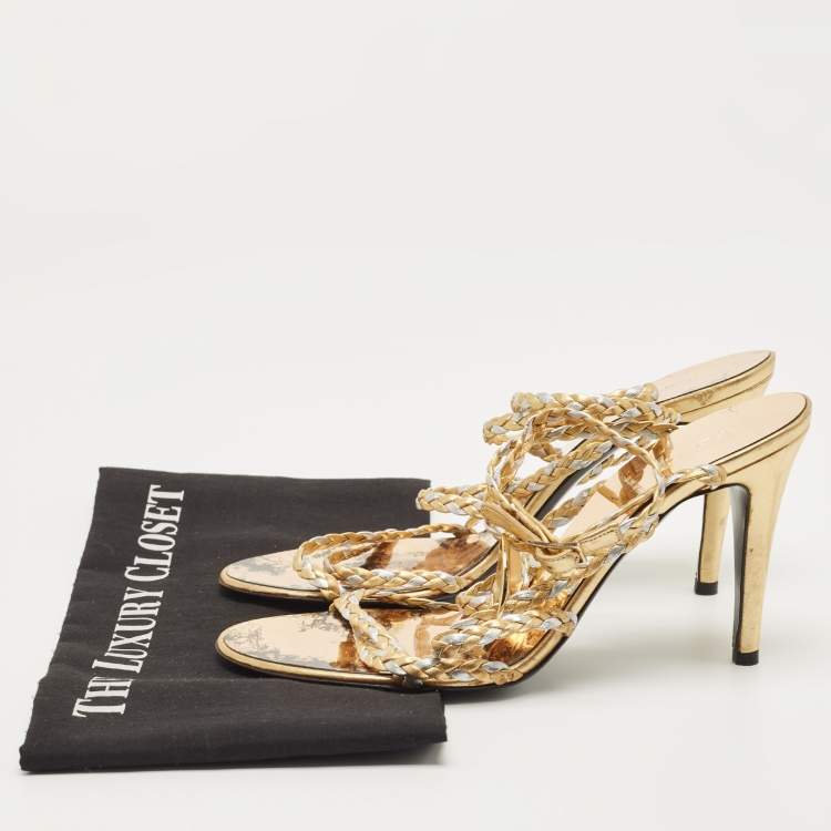 Pre Owned Fendi Gold/Silver Braided Leather Ankle Strap Sandals Size 38