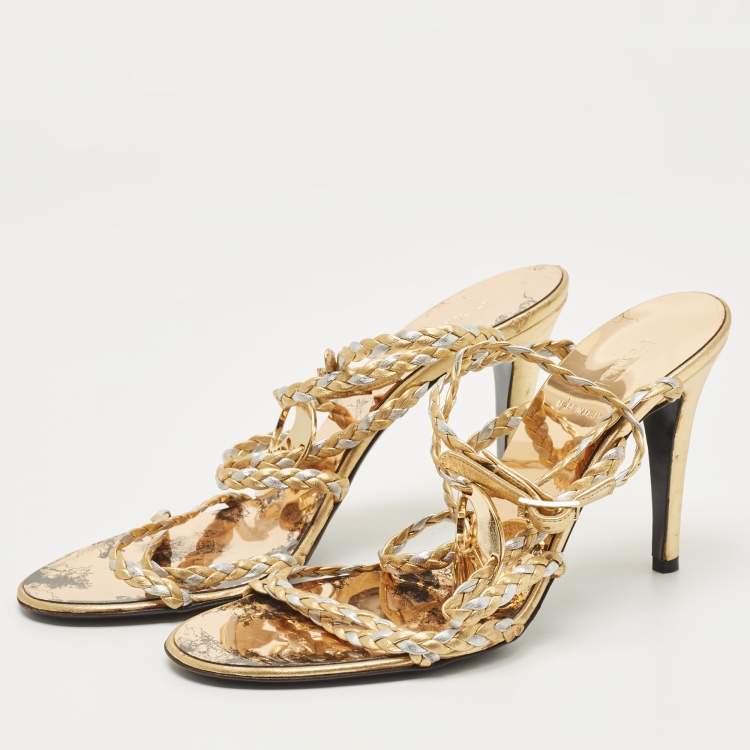 Pre Owned Fendi Gold/Silver Braided Leather Ankle Strap Sandals Size 38