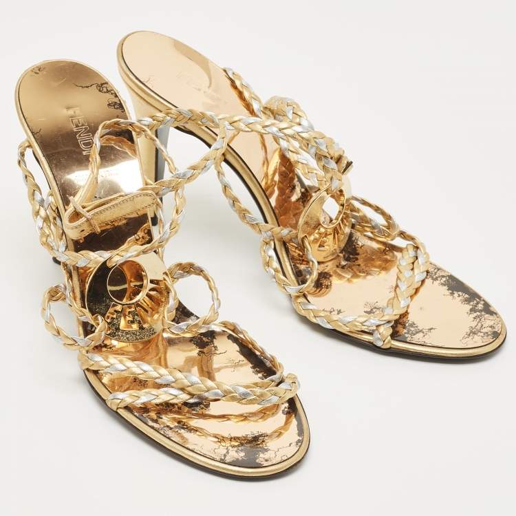 Pre Owned Fendi Gold/Silver Braided Leather Ankle Strap Sandals Size 38