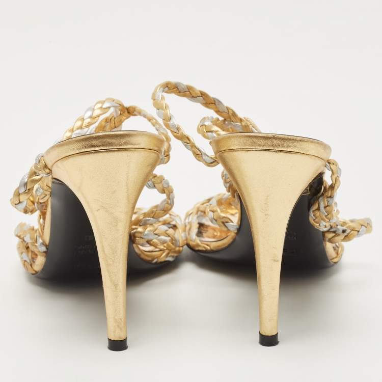 Pre Owned Fendi Gold/Silver Braided Leather Ankle Strap Sandals Size 38
