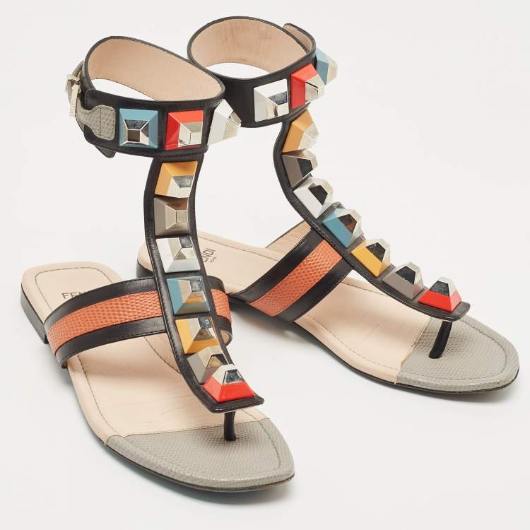 Pre Owned Fendi Multicolor Lizard Embossed and Leather Studded Ankle Cuff Flat Sandals Size 36