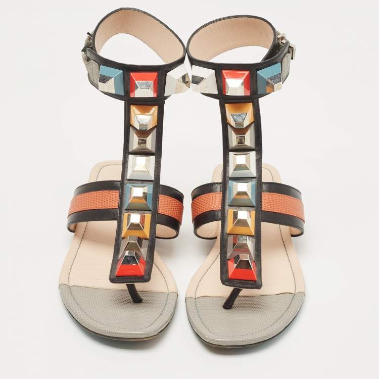 Pre Owned Fendi Multicolor Lizard Embossed and Leather Studded Ankle Cuff Flat Sandals Size 36