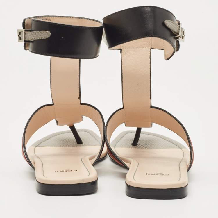 Pre Owned Fendi Multicolor Lizard Embossed and Leather Studded Ankle Cuff Flat Sandals Size 36