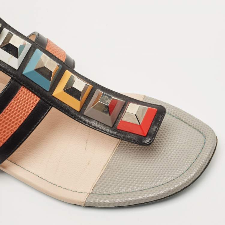 Pre Owned Fendi Multicolor Lizard Embossed and Leather Studded Ankle Cuff Flat Sandals Size 36