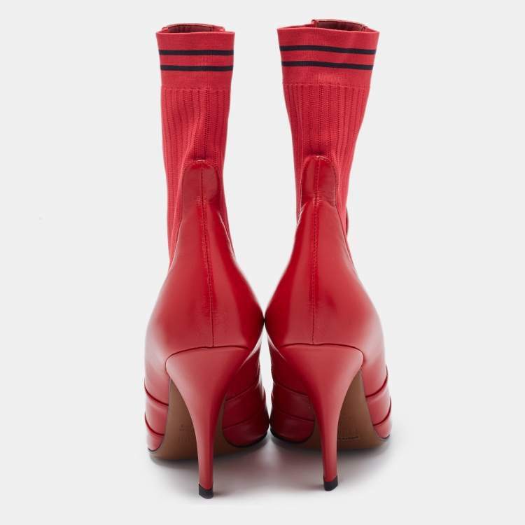 Pre Owned Fendi Red Leather and Knit Fabric Rockoko Boots Size 37