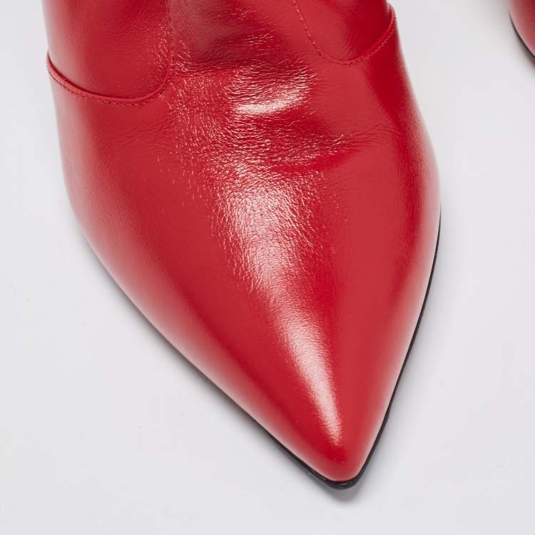 Pre Owned Fendi Red Leather and Knit Fabric Rockoko Boots Size 37