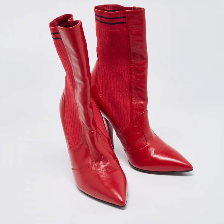 Pre Owned Fendi Red Leather and Knit Fabric Rockoko Boots Size 37