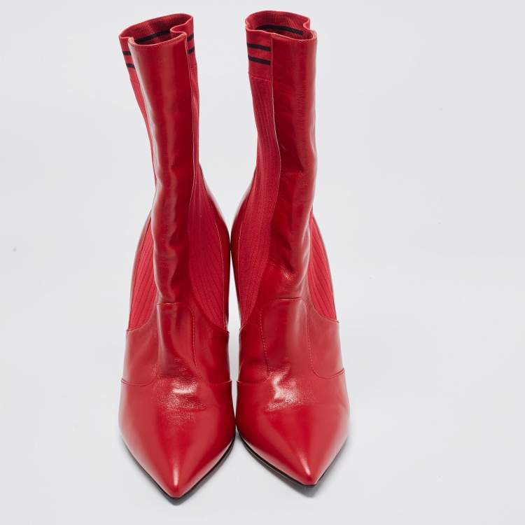 Pre Owned Fendi Red Leather and Knit Fabric Rockoko Boots Size 37