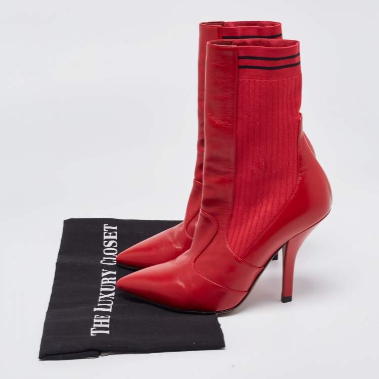 Pre Owned Fendi Red Leather and Knit Fabric Rockoko Boots Size 37