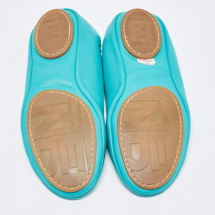 مملوكة مسبقًا Fendi Turquoise Leather Bow Scrunch Ballet Flats Size 38
