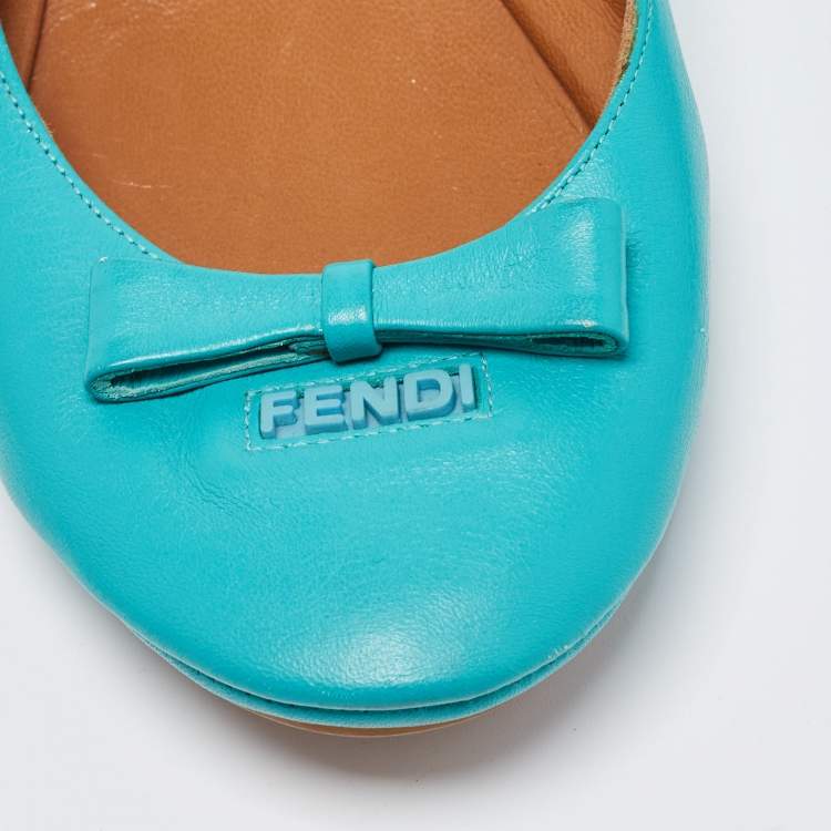 مملوكة مسبقًا Fendi Turquoise Leather Bow Scrunch Ballet Flats Size 38