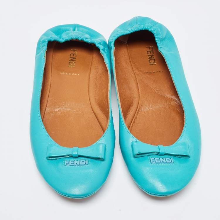 مملوكة مسبقًا Fendi Turquoise Leather Bow Scrunch Ballet Flats Size 38