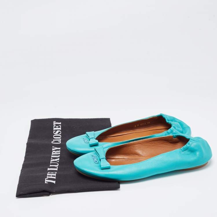 مملوكة مسبقًا Fendi Turquoise Leather Bow Scrunch Ballet Flats Size 38