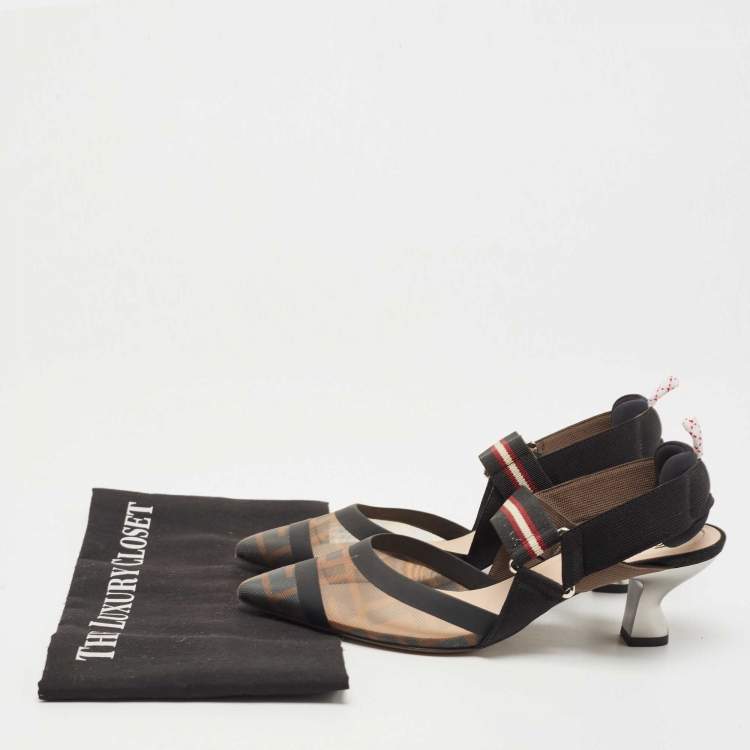 Pre Owned Fendi Brown/Black Zucca Mesh and Leather Colibri Pumps Size 37