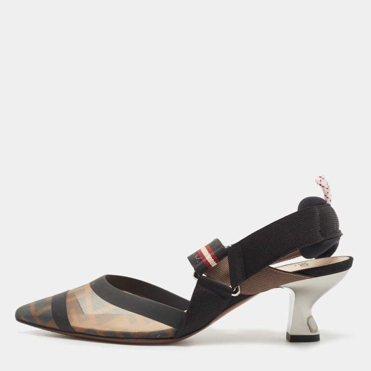 Pre Owned Fendi Brown/Black Zucca Mesh and Leather Colibri Pumps Size 37