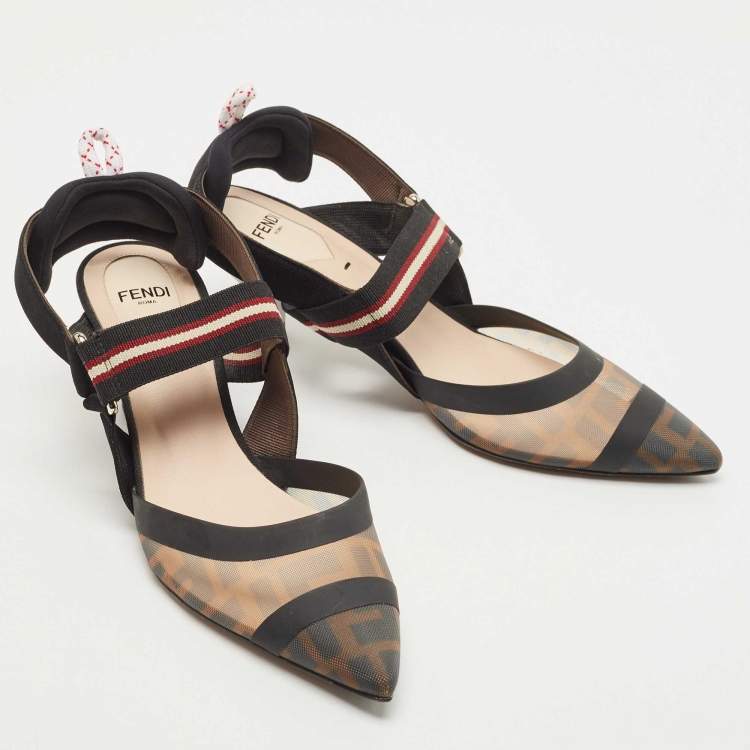Pre Owned Fendi Brown/Black Zucca Mesh and Leather Colibri Pumps Size 37