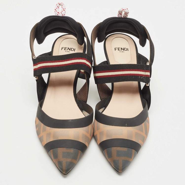 Pre Owned Fendi Brown/Black Zucca Mesh and Leather Colibri Pumps Size 37