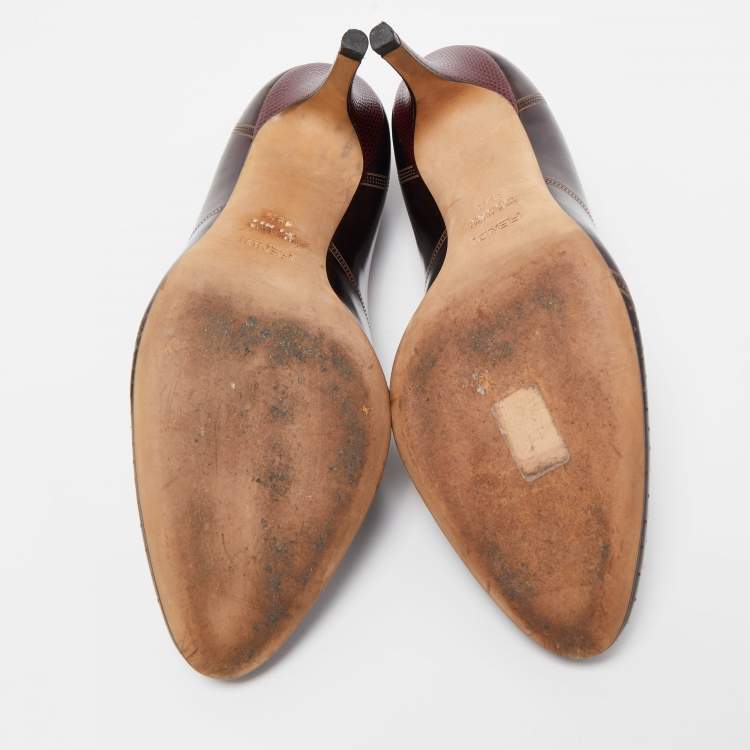 Pre Owned Fendi Brown Leather Perforated Brogue Detail Pumps Size 39.5