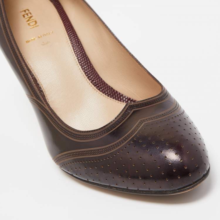 Pre Owned Fendi Brown Leather Perforated Brogue Detail Pumps Size 39.5