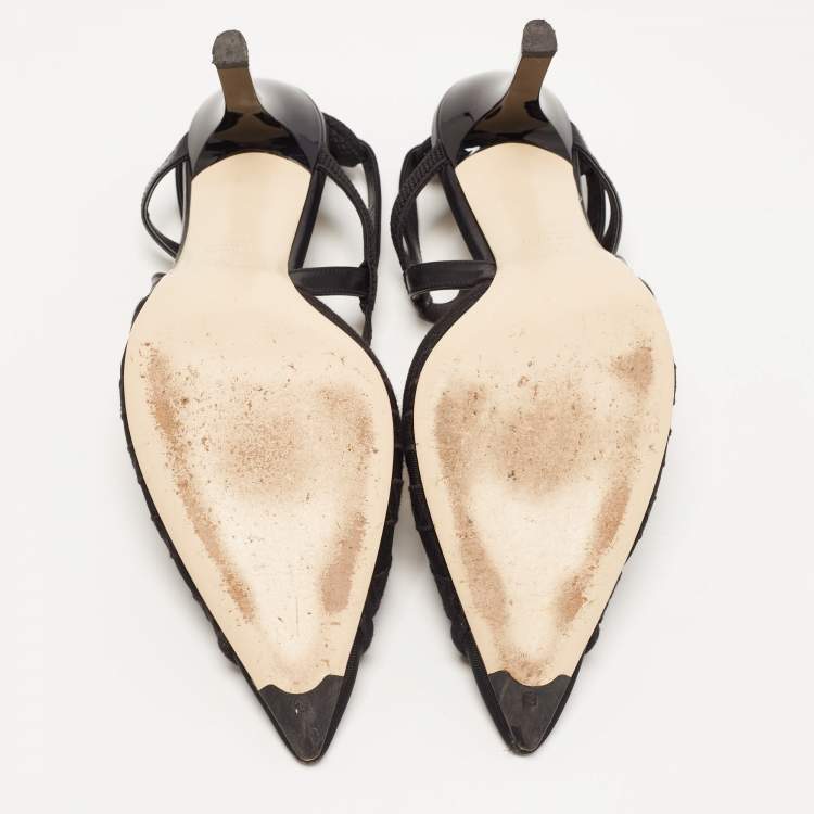 Pre Owned Fendi Black Lace and Leather Colibri Slingback Pumps Size 39.5