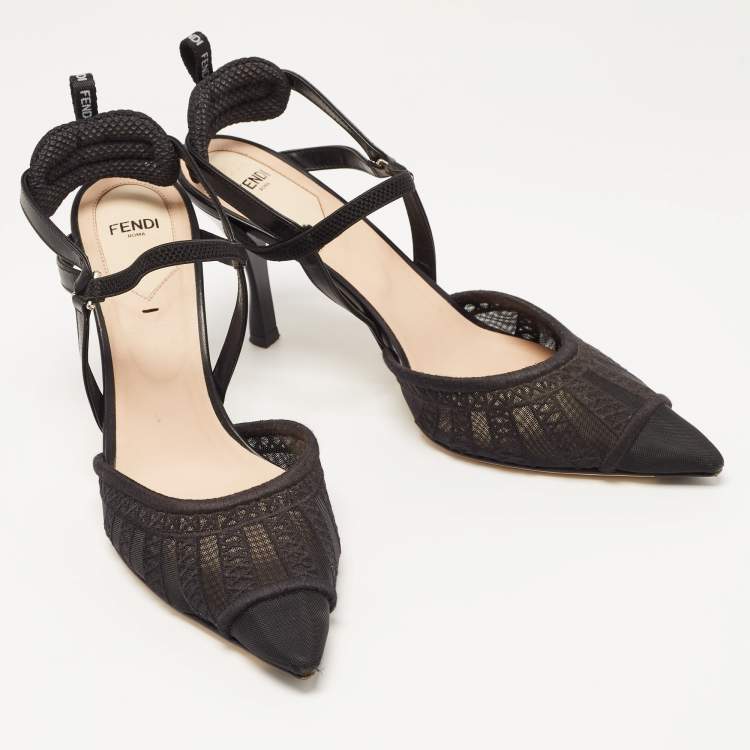 Pre Owned Fendi Black Lace and Leather Colibri Slingback Pumps Size 39.5