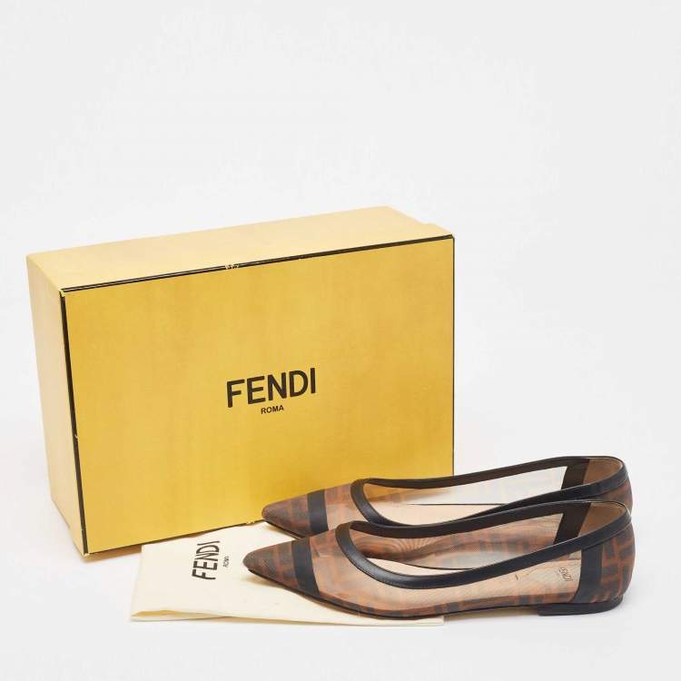 Pre Owned Fendi Brown/Black Leather and Mesh Colibri Ballet Flats Size 39