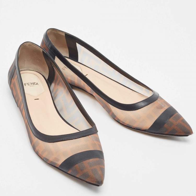Pre Owned Fendi Brown/Black Leather and Mesh Colibri Ballet Flats Size 39