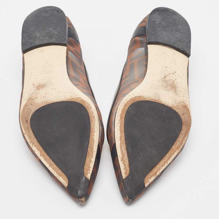 Pre Owned Fendi Brown/Black Leather and Mesh Colibri Ballet Flats Size 39
