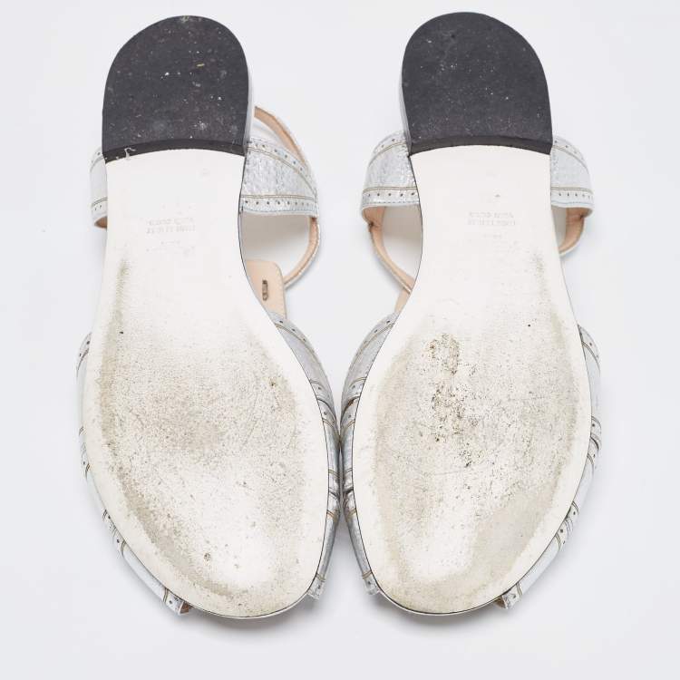 Pre Owned Fendi Metallic Silver Foil Leather Chameleon Ankle Strap Flat Sandals Size 36