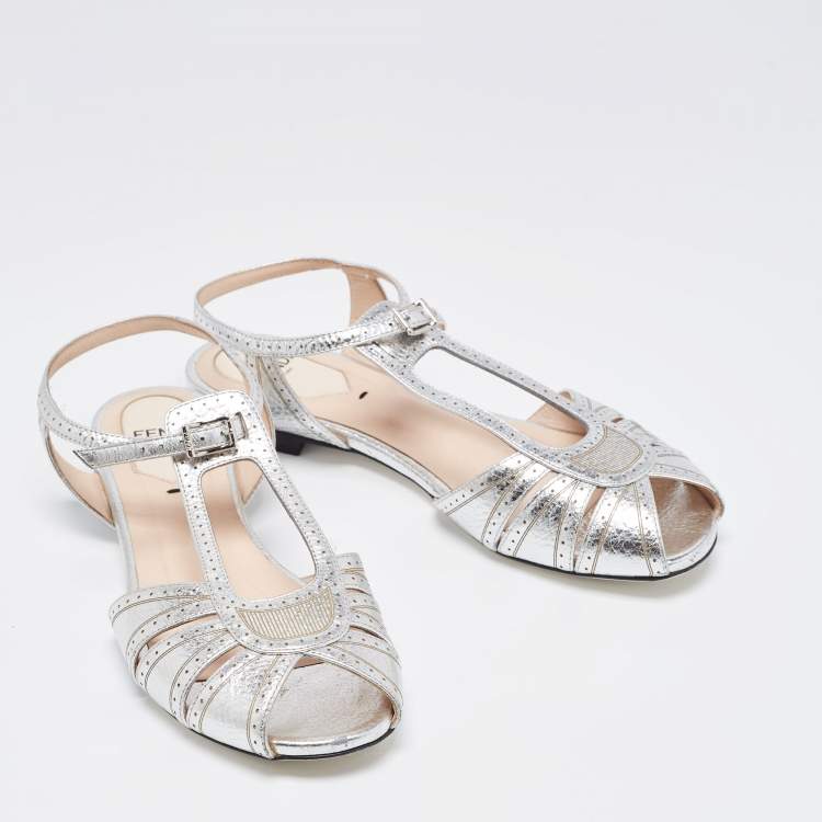 Pre Owned Fendi Metallic Silver Foil Leather Chameleon Ankle Strap Flat Sandals Size 36