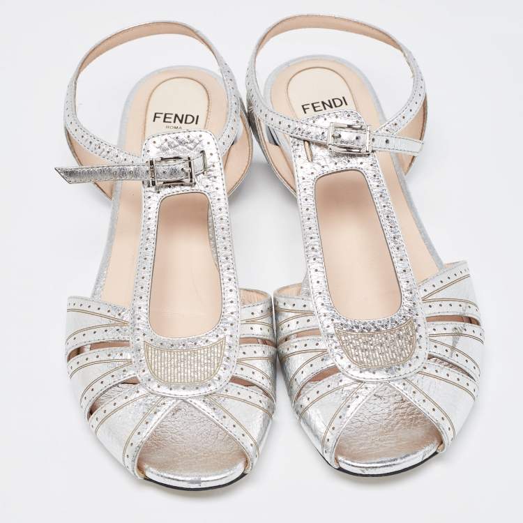 Pre Owned Fendi Metallic Silver Foil Leather Chameleon Ankle Strap Flat Sandals Size 36