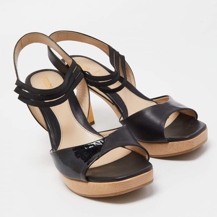 Pre Owned Fendi Black Leather Open Toe Platform Ankle Strap Sandals Size 40