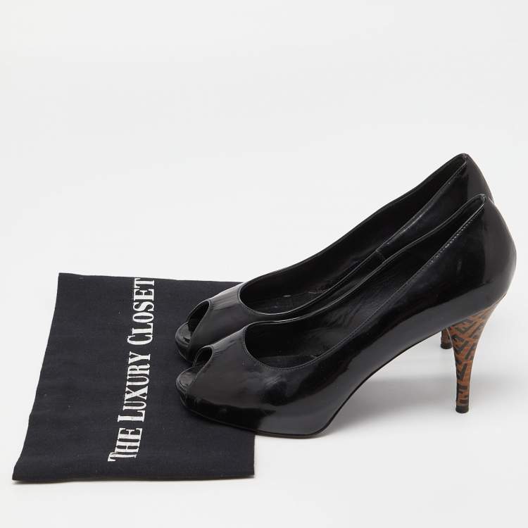 Pre Owned Fendi Black Patent Leather FF Heel Peep Toe Pumps Size 38