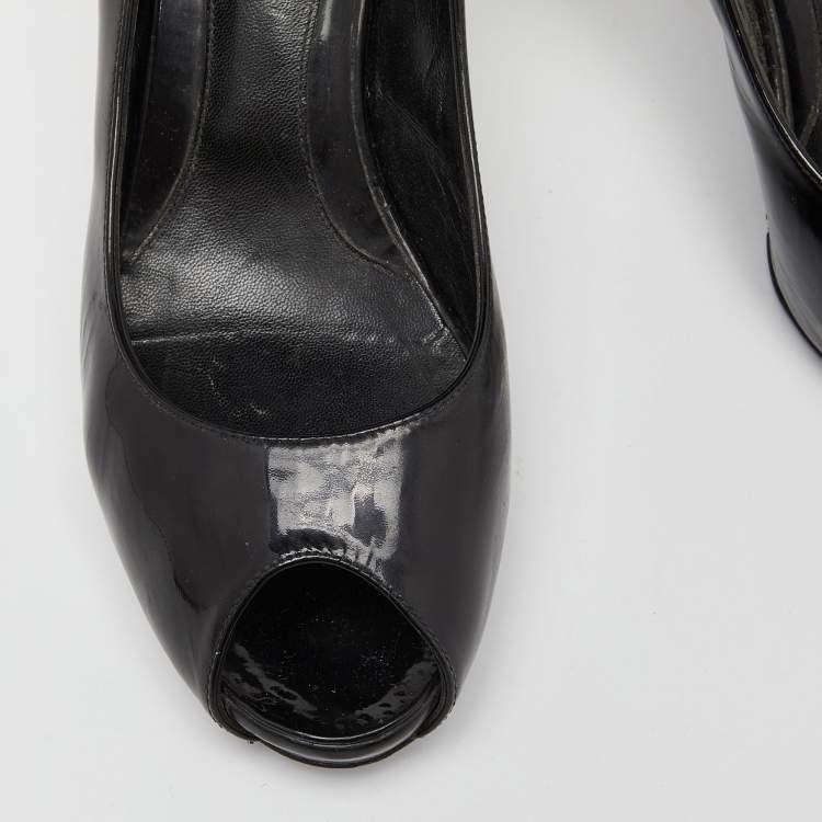 Pre Owned Fendi Black Patent Leather FF Heel Peep Toe Pumps Size 38