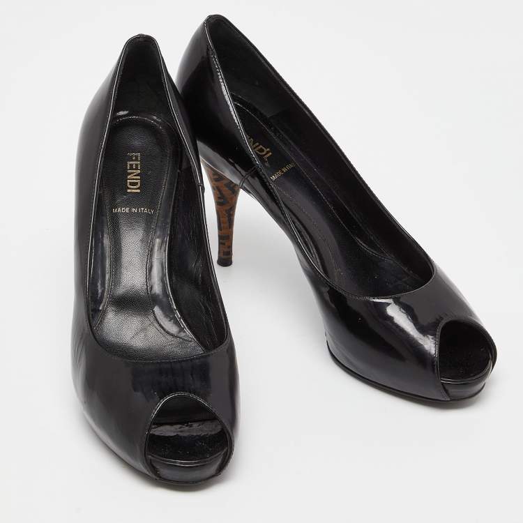 Pre Owned Fendi Black Patent Leather FF Heel Peep Toe Pumps Size 38