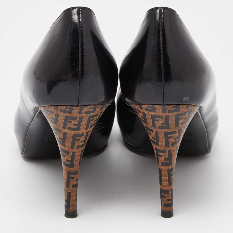 Pre Owned Fendi Black Patent Leather FF Heel Peep Toe Pumps Size 38